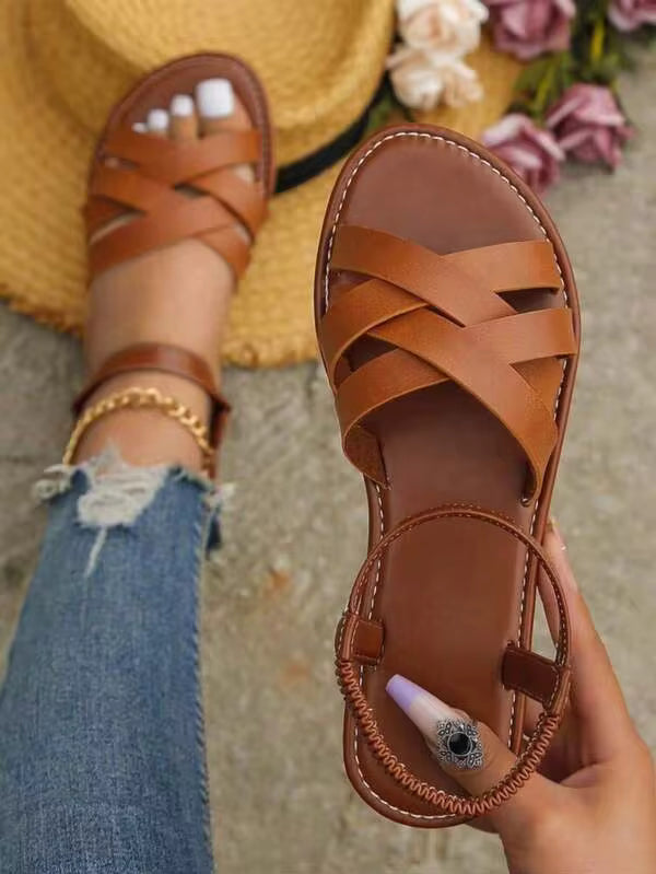 Women's Flat Thick Sole Cross Adjustable Strap Solid Color Sandals, Versatile Loose Casual Comfort Lightweight Simple Elegant Beach Shoes,Spring Summer Outfits