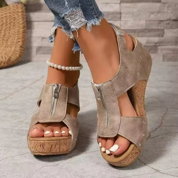 Women's New Retro Wedge Heel Sandals With Zipper, Platform Heightening Casual Shoes, Comfortable Vacation Style, Fashionable Boho Sandals