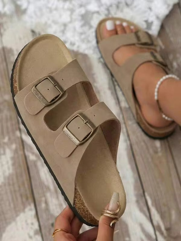 Women's Sandals Flats Soft Open Toe Summer Slide With Adjustable Buckle Slippers Shoes