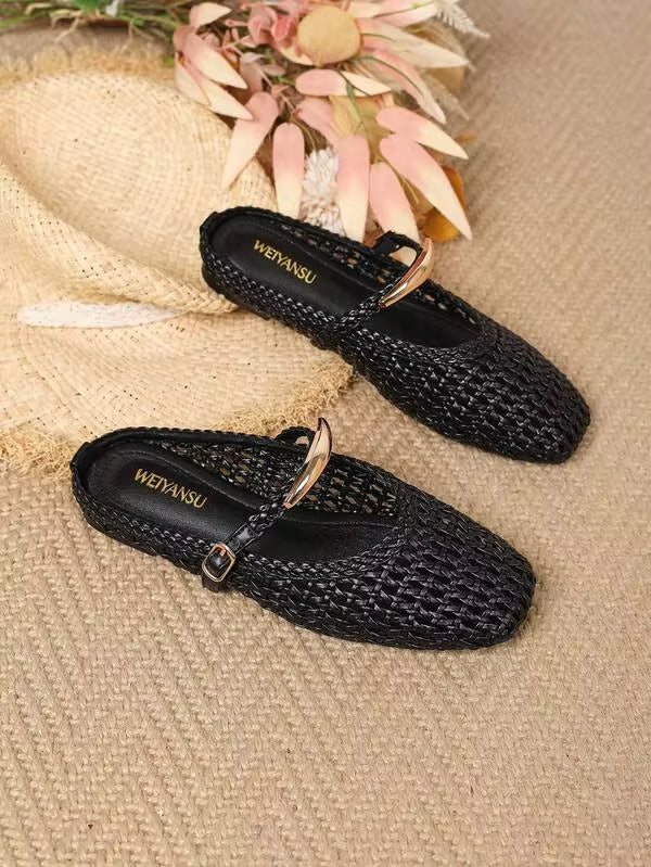 2026 New Bohemian Hollow Out Woven Breathable Fashion Metal Buckle Mules, Summer Shoes, Casual Western Style Wedding Flat Shoes, Lightweight, Shopping